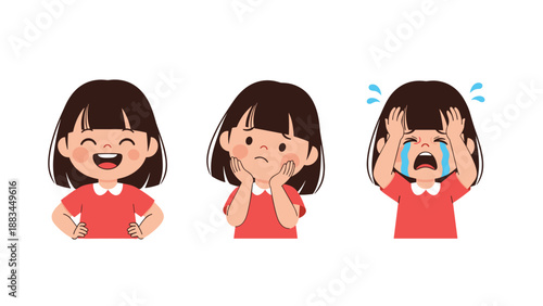 Three illustrations of the same young girl showing happy, sad, and crying emotions against a white background.
