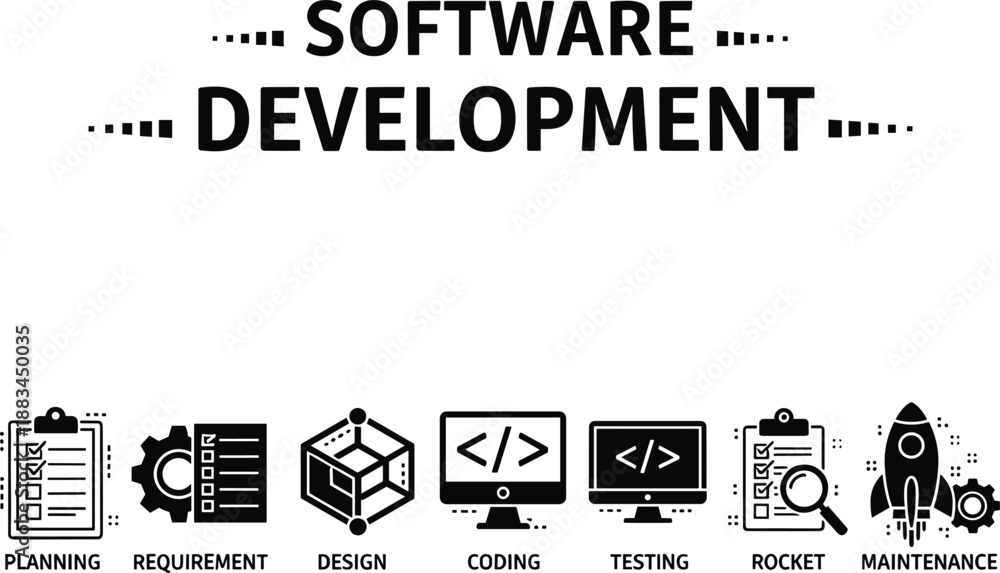 Fototapeta premium Software development lifecycle, coding phases, planning icons, testing process, deployment rocket, maintenance tools, tech workflow, programming stages, vector design, development concept