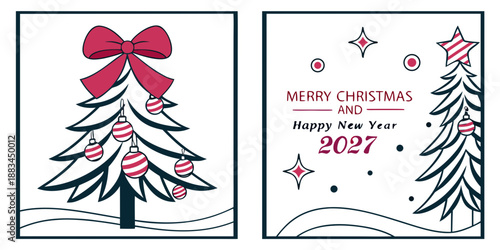 Festive Holiday Greeting Card – Merry Christmas and Happy New Year 2027 with Twin Trees and Red Bow