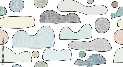 Colorful abstract shapes in various sizes and muted tones on a white background