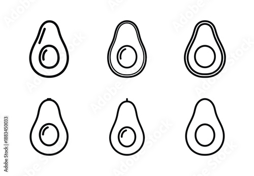 Set of food related avocado half  outline vector icons. food linear icons collection, Editable stroke