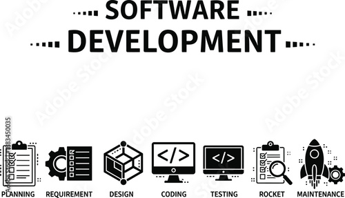Software development lifecycle, coding phases, planning icons, testing process, deployment rocket, maintenance tools, tech workflow, programming stages, vector design, development concept
