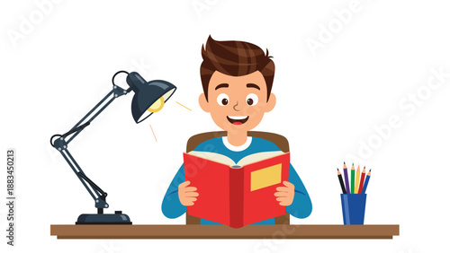 Diligent young boy sitting at a desk and reading a red book under the light of a desk lamp with colored pencils nearby.