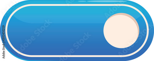 On off toggle switch button with blue glossy style and white stroke, slider in the on position