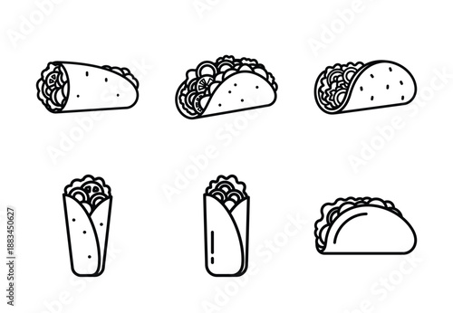 Set of food related burrito  outline vector icons. food linear icons collection, Editable stroke