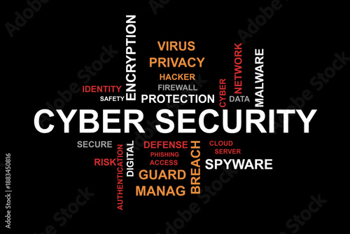 Cyber security word cloud on black background, digital safety and data protection concept with keywords like hacker, encryption, firewall, and privacy for business