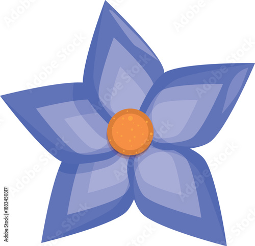 Blooming purple exotic flower with orange core and star shaped petals, isolated on white background