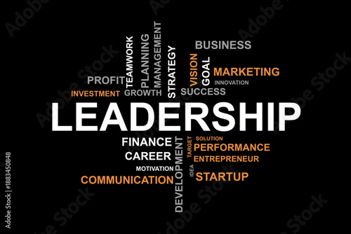 Leadership word cloud on black background, professional business management concept with keywords like strategy, marketing, success, and startup for corporate design