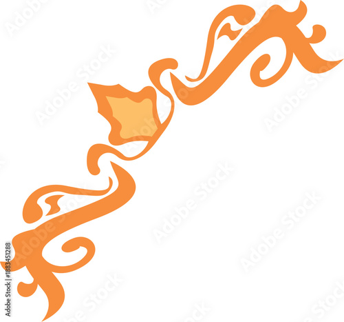 Orange decorative corner element flourishing with swirls on white background