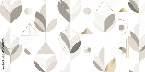 Geometric pattern with abstract leaves and shapes in neutral colors on white background
