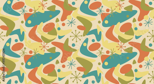 Seamless retro mid-century modern atomic age pattern with boomerangs and starbursts.