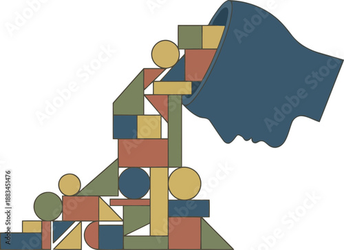 Illustration of head silhouette spilling geometric shapes, information overload concept.