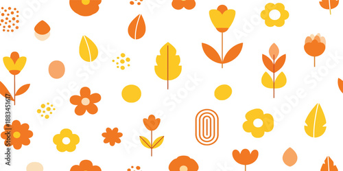 Vibrant autumn floral pattern with colorful flowers and leaves on white background