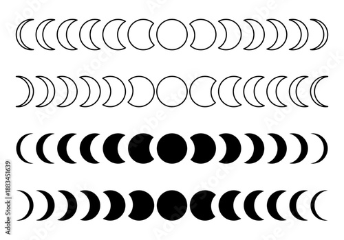 Moon phases. New and quarter, crescent and full, waning and waxing Luna sphere silhouettes and icons. Infographic of Lunar calendar cycle. Astrology or mystic sings. Vector graphic illustration