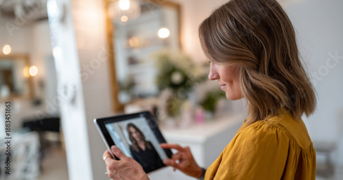 Woman using digital tablet for video call or virtual meeting in cozy modern indoor setting with blurred background