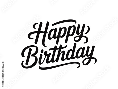 Black Happy Birthday script lettering on white text
