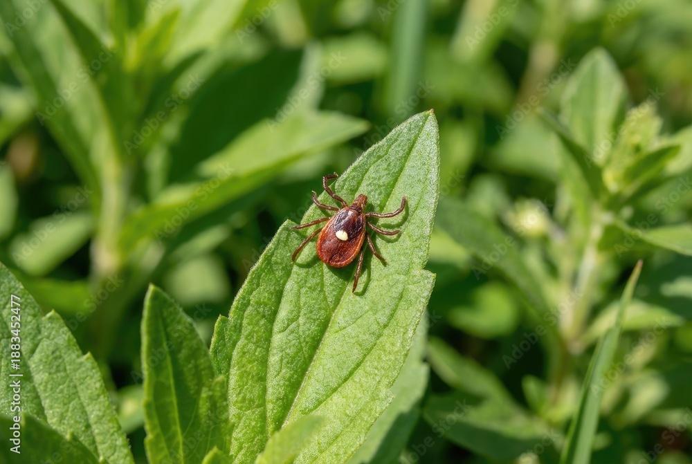 Fototapeta premium A tiny brown tick is visible on a vibrant green leaf in its habitat.
