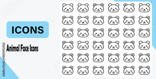 cute animal face included farm, forest and African animals, outline design