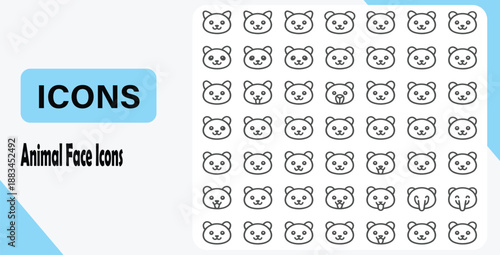 cute animal face included farm, forest and African animals, outline design