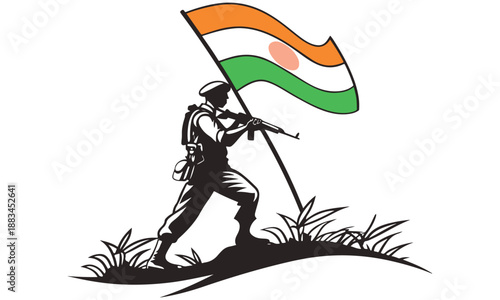 Indian Soldier Holding Flag Illustration – Patriotism, National Pride, Independence Concept .