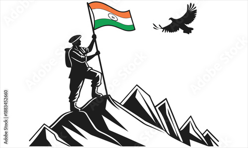 Indian Soldier Holding Flag Illustration – Patriotism, National Pride, Independence Concept .