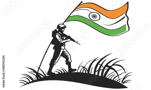 Indian Soldier Holding Flag Illustration – Patriotism, National Pride, Independence Concept .