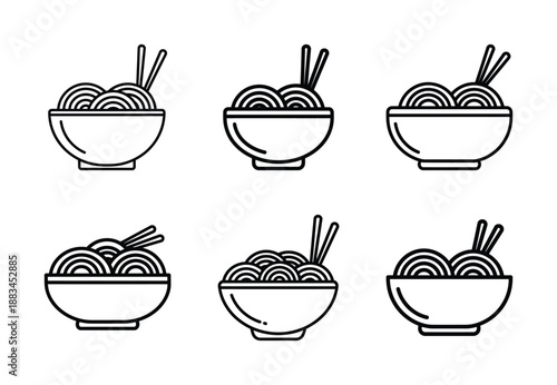 Set of food related noodles bowl  outline vector icons. food linear icons collection, Editable stroke