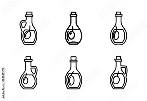 Set of food related olive oil bottle  outline vector icons. food linear icons collection, Editable stroke