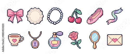 Charming set of feminine pixel art icons featuring a bow, pearl necklace, perfume, rose, and ballet shoe in a cute, retro 8-bit video game style illustration