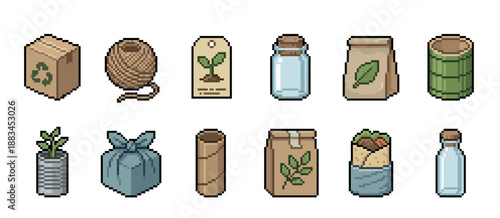 Set of eco-friendly pixel art icons featuring a recycling box, glass jar, paper bag, and plant illustrates sustainable, zero waste living with a retro 8-bit sprite style
