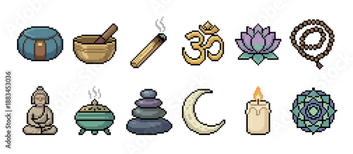 Set of pixel art spirituality icons featuring a Buddha, lotus, om symbol, candle, prayer beads, and balancing stones in a retro 8-bit video game style illustration