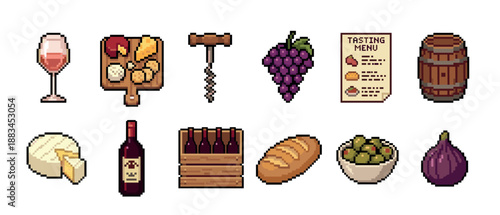 Pixel art wine tasting icon set with various food and drink elements for a complete sommelier and gastronomy theme, featuring a retro 8-bit video game aesthetic