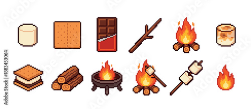 Set of pixel art s'mores icons showing ingredients and campfire elements like a marshmallow, chocolate, cracker, and fire for a retro video game design