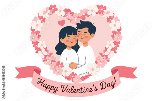 A cartoon illustration of a loving couple embracing in a heart-shaped floral frame with a Happy Valentine's Day banner