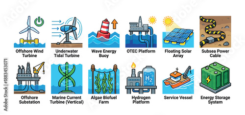 Set of twelve marine renewable energy icons showing offshore wind, tidal turbines, wave buoys, floating solar, and hydrogen platforms in a colorful cartoon vector illustration style