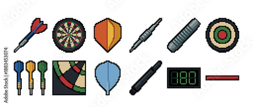 Pixel art dart game asset icon set showing a dartboard, colorful darts, flights, barrels, scoreboard, and target elements for a retro 8-bit video game interface