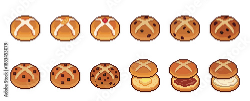 Pixel art hot cross buns collection showing various traditional Easter treats, including plain, fruit, and chocolate chip versions, some sliced with butter and jam in a retro 8-bit style