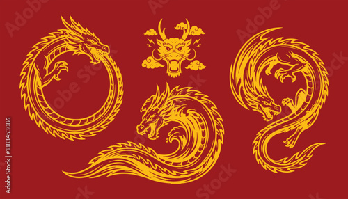 Golden Chinese dragons set on red background with circular serpent designs, traditional oriental mythical creatures collection