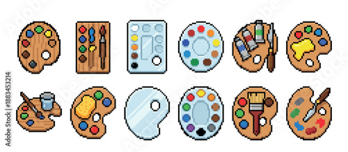 Set of pixel art artist palettes and paintbrushes showing various colorful paints, tubes, and tools for creative drawing and painting in a retro 8-bit video game style illustration