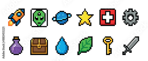 Colorful set of pixel art icons for a retro video game user interface, including a rocket, alien, planet, star, potion, chest, key, and sword