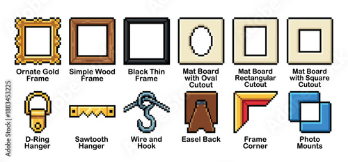 Pixel art icon set of picture frames and framing supplies including ornate gold, wood, and black frames, mat boards, hangers, and mounts in a retro 8-bit video game style