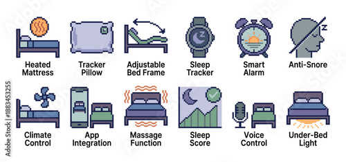 Pixel art icon set of smart bed and sleep technology features including a tracker, adjustable frame, smart alarm, and app integration for modern health and wellness concepts
