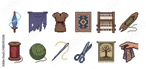 Detailed pixel art icon set featuring various weaving, sewing, and textile crafting items like a loom, spindle, thread, and scissors for a fantasy RPG