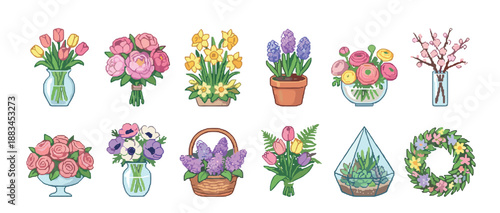 Collection of twelve colorful floral arrangement illustrations featuring spring bouquets, potted plants, and decorations like tulips, peonies, a lilac basket, and a terrarium