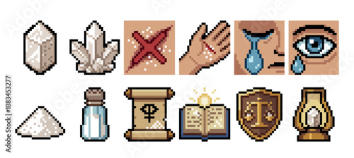 Collection of pixel art icons featuring fantasy and symbolic elements like crystals, salt on a wound, tears, a scroll, a magic book, a justice shield, and a lantern for a video game