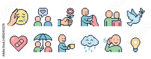 Collection of colorful pixel art icons representing mental health, support, empathy, and kindness, featuring symbols of comfort, healing, peace, listening, and positive ideas