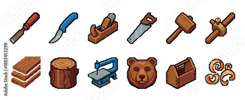 Set of pixel art woodworking icons featuring a saw, chisel, mallet, toolbox, wood log, and a bear head, designed as retro 8-bit video game assets in an isometric style