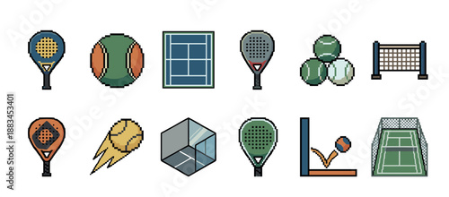 Padel tennis sport equipment pixel art icon set with various elements like rackets, balls, courts, and nets, designed in a classic 8-bit retro video game aesthetic