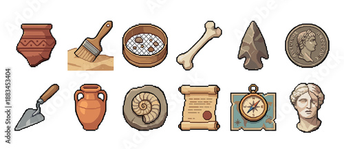 Collection of pixel art archaeology icons featuring a fossil, ancient coin, pottery, map, and excavation tools for a retro video game asset or historical project