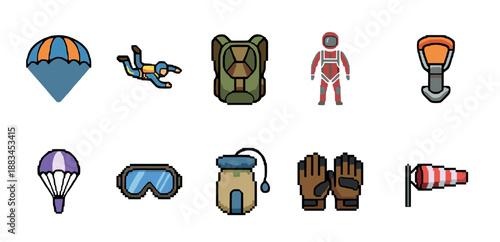 Collection of skydiving and parachuting icons in a pixel art style, featuring a skydiver, parachute, backpack, goggles, and windsock for extreme air sports and recreation